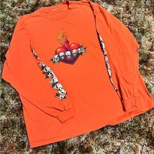 Orange Long Sleeve Shirt with Skull and Heart Design